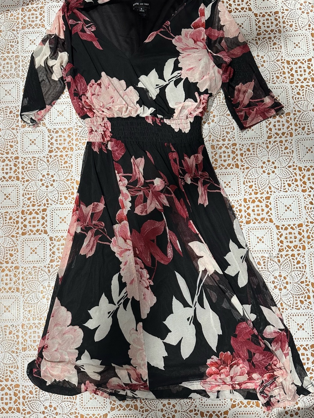 Kate and Lily Floral Faux Wrap Midi Dress Black Pink Women’s Size 6